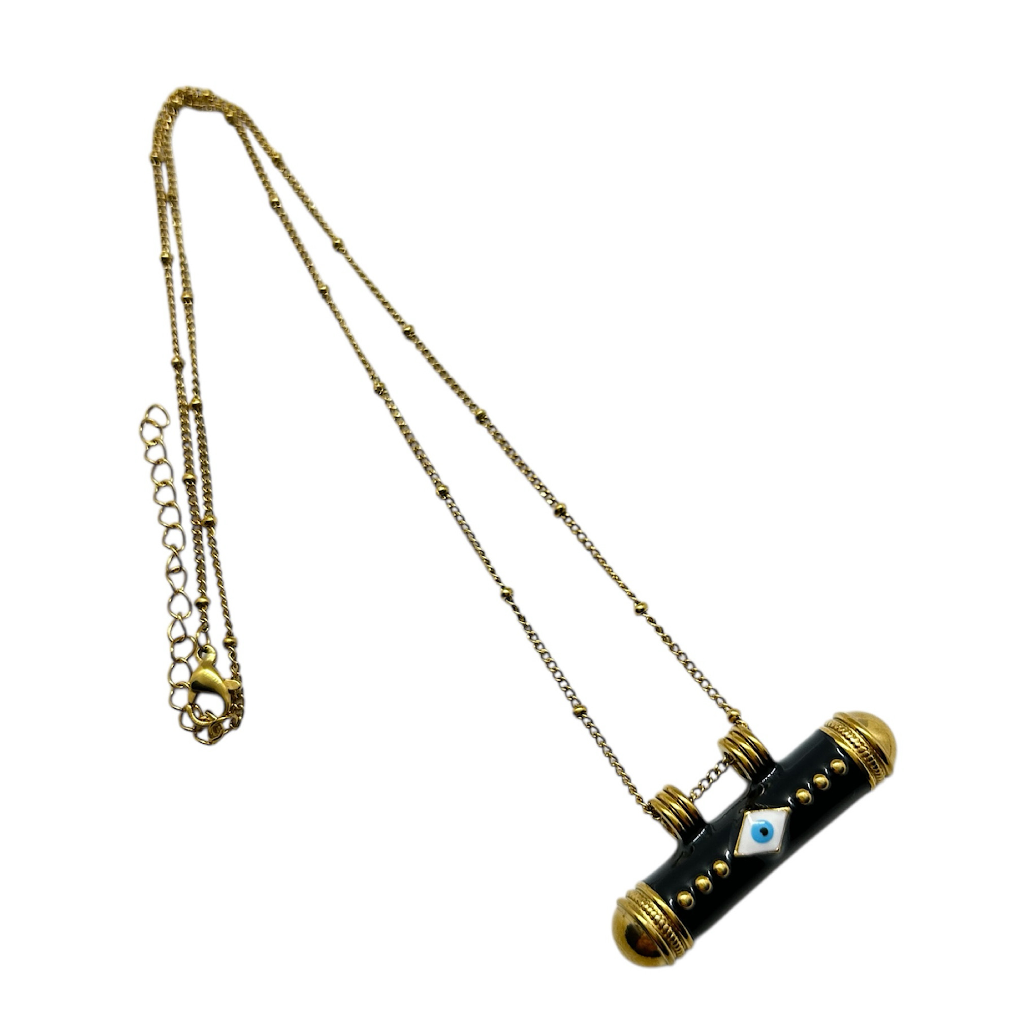 Gold-plated steel necklace with an enlongated eye in black color.